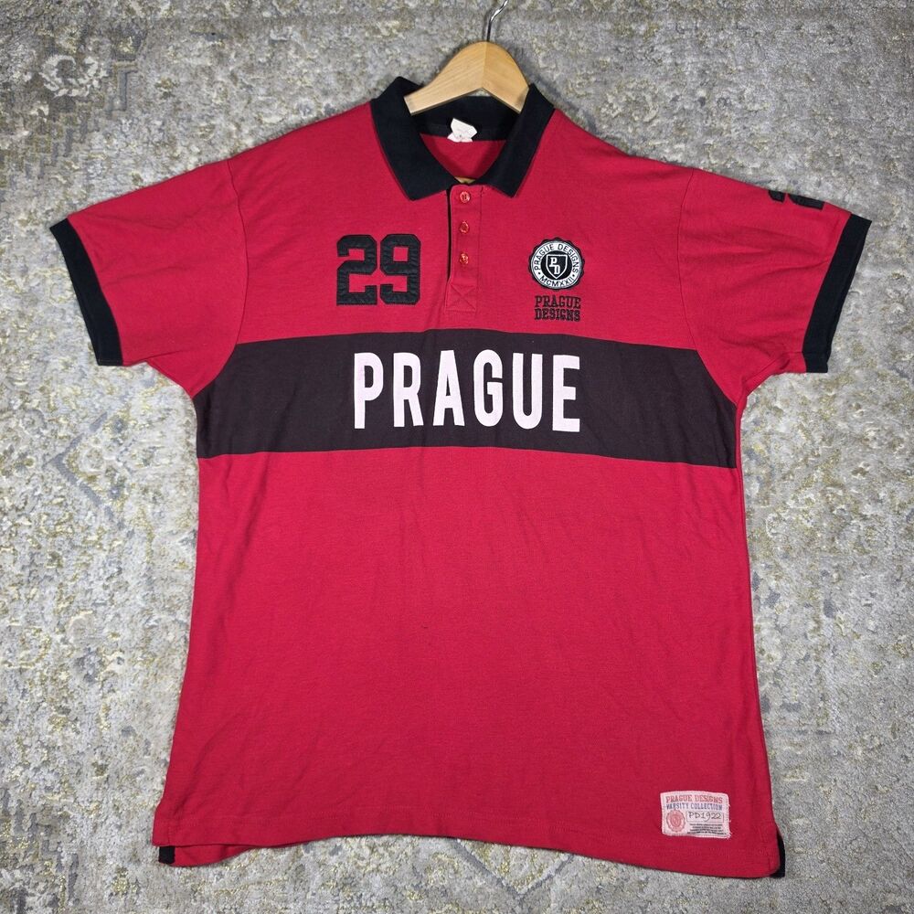 Prague Design Polo Shirt Men’s Red Logo XL Preppy Y2k